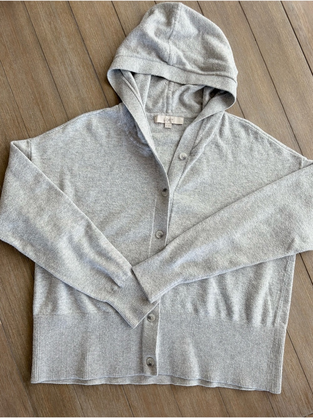 LOFT Light Gray Hooded Button-Front Cardigan